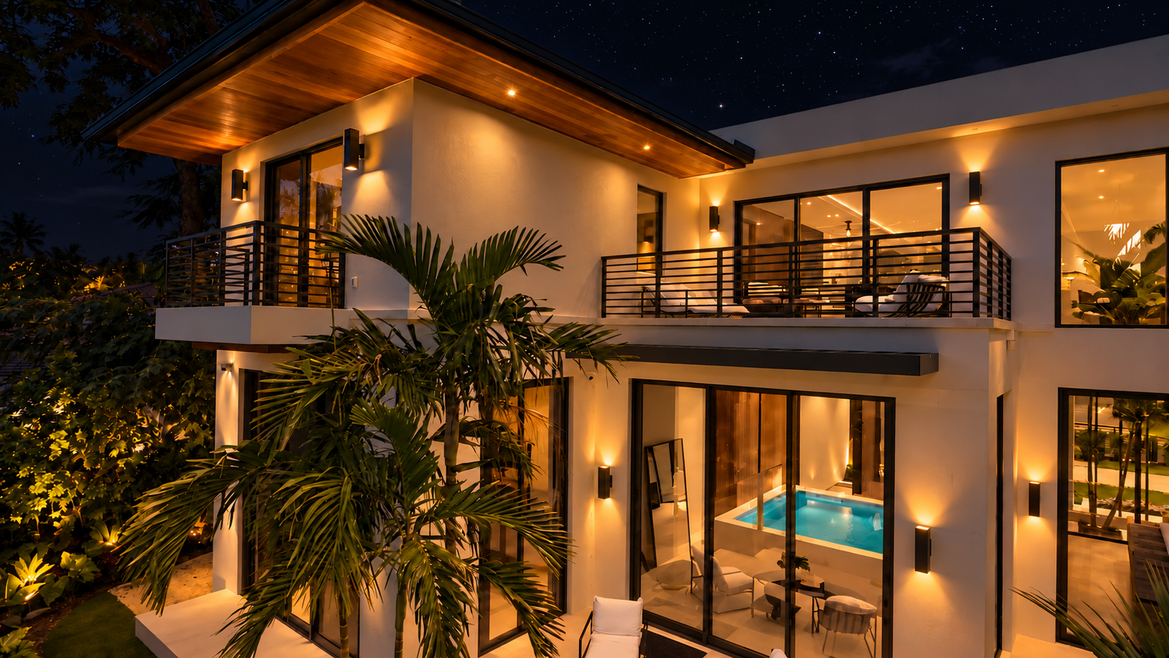 Same villa illuminated at night under a starry sky