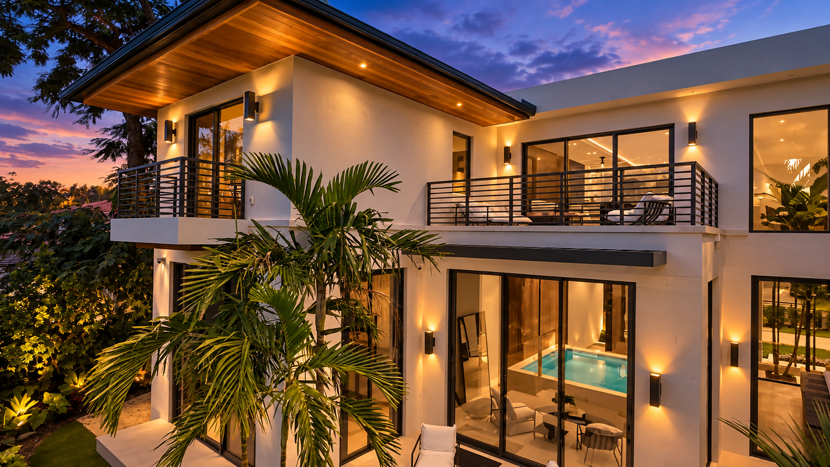 Same villa glowing at twilight